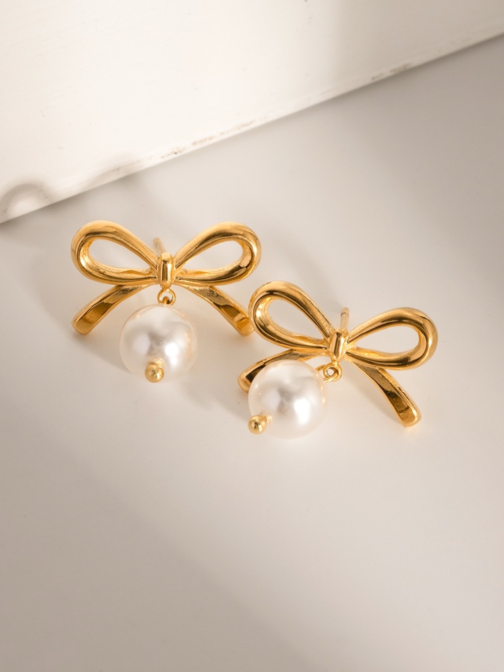 18K Gold Bow Pearl Drop Earrings Plated Stainless Steel Coquette Bridal Gift